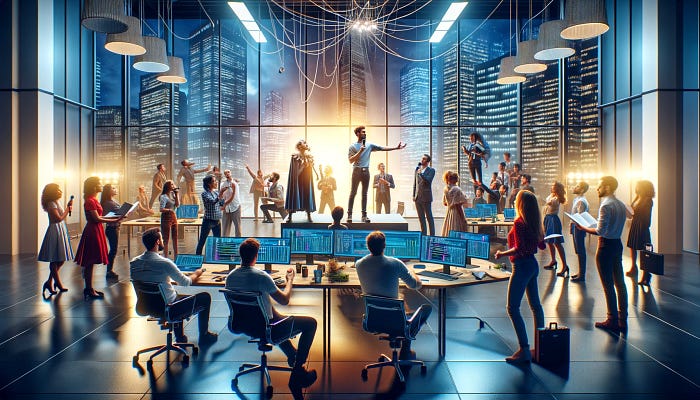 An image of a software change advisory board performing a dramatic play in a modern conference room, creatively blending technology and drama.