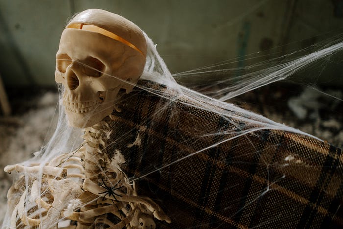 Photo by cottonbro studio: https://www.pexels.com/photo/skeleton-covered-in-spider-web-5435178/